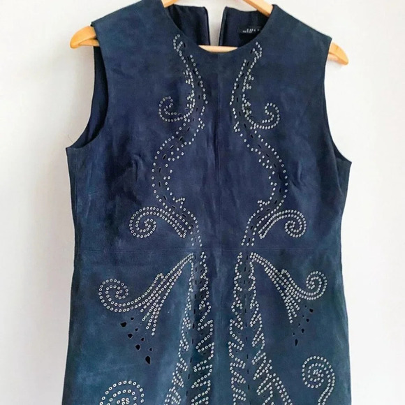 Zara Dark Navy Blue Suede Stud Rivet Detail Design Sleeveless Shift Dress L - Picture 4 of 7